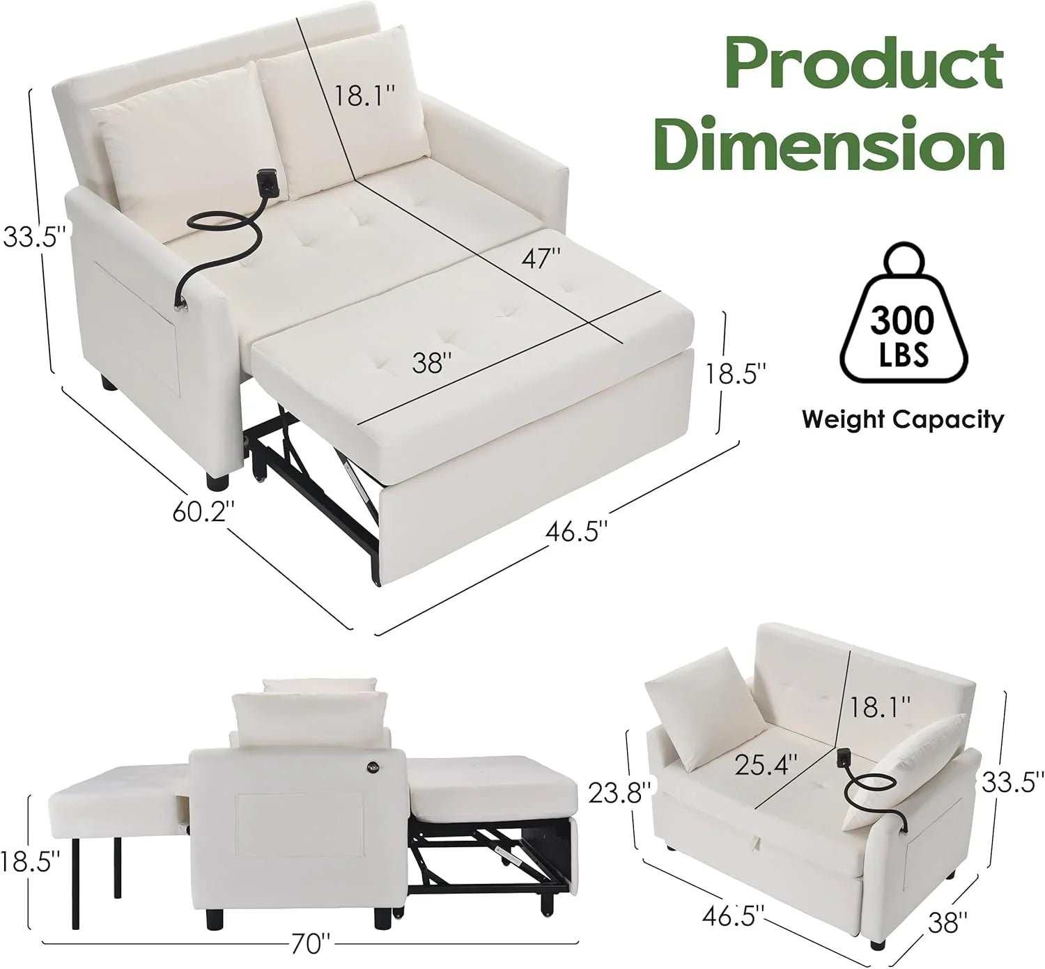 Canapé-lit convertible 3 en 1, convertible, gigogne, petit canapé causeuse, futon, pleine grandeur, causeuse en velours de 117 cm