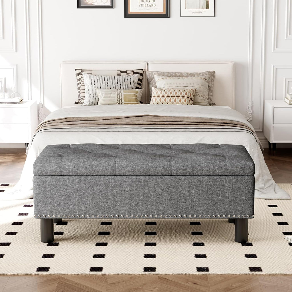 Tabouret de rangement moderne Furniliving, tabouret de bout de lit en bois massif Sherpa, tabouret rembourré tabouret d'intérieur