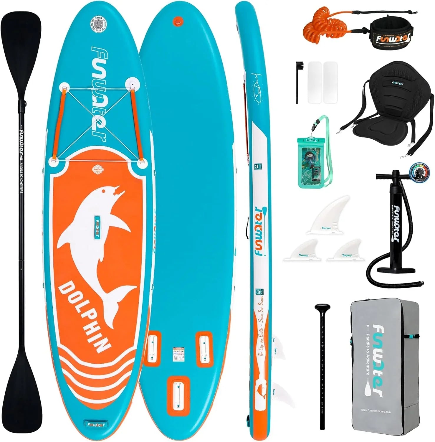 Planche de stand up paddle gonflable FunWater avec accessoires de pagaie SUP haut de gamme, pont EVA antidérapant, pagaie 11'/10'6'