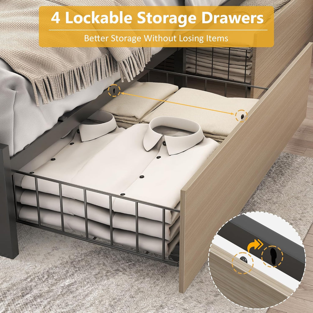 Cadre de lit Queen Lifezone avec tête de lit double et plateau de rangement en métal