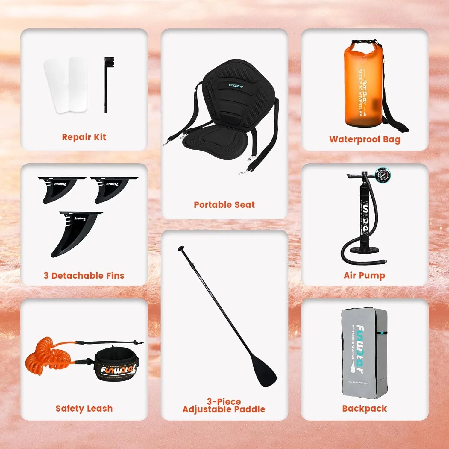 Planche de stand up paddle gonflable FunWater avec accessoires de pagaie SUP haut de gamme, pont EVA antidérapant, pagaie 11'/10'6'