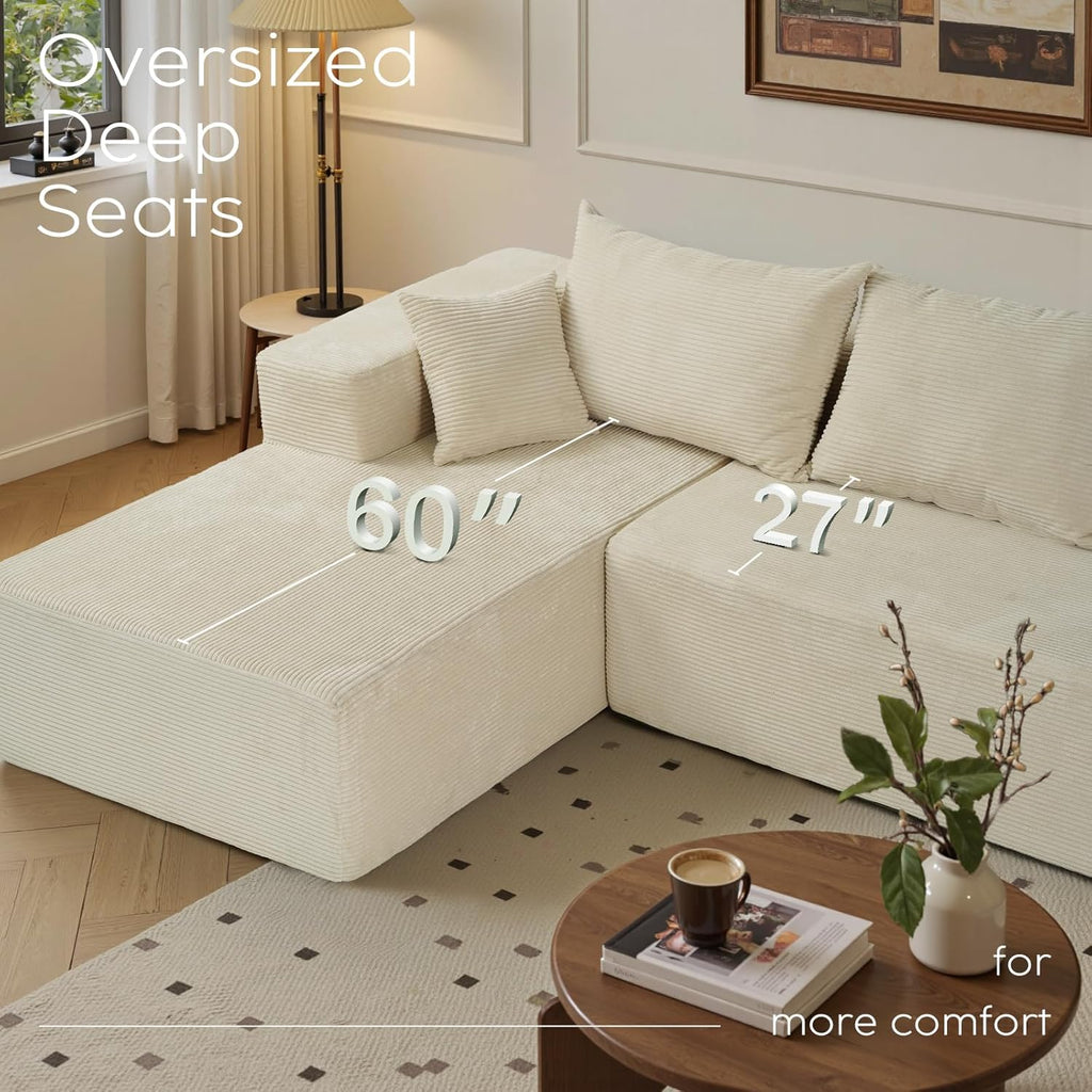 Cloud sofa with L-shaped lounge chair, modern modular sofa with deep seats