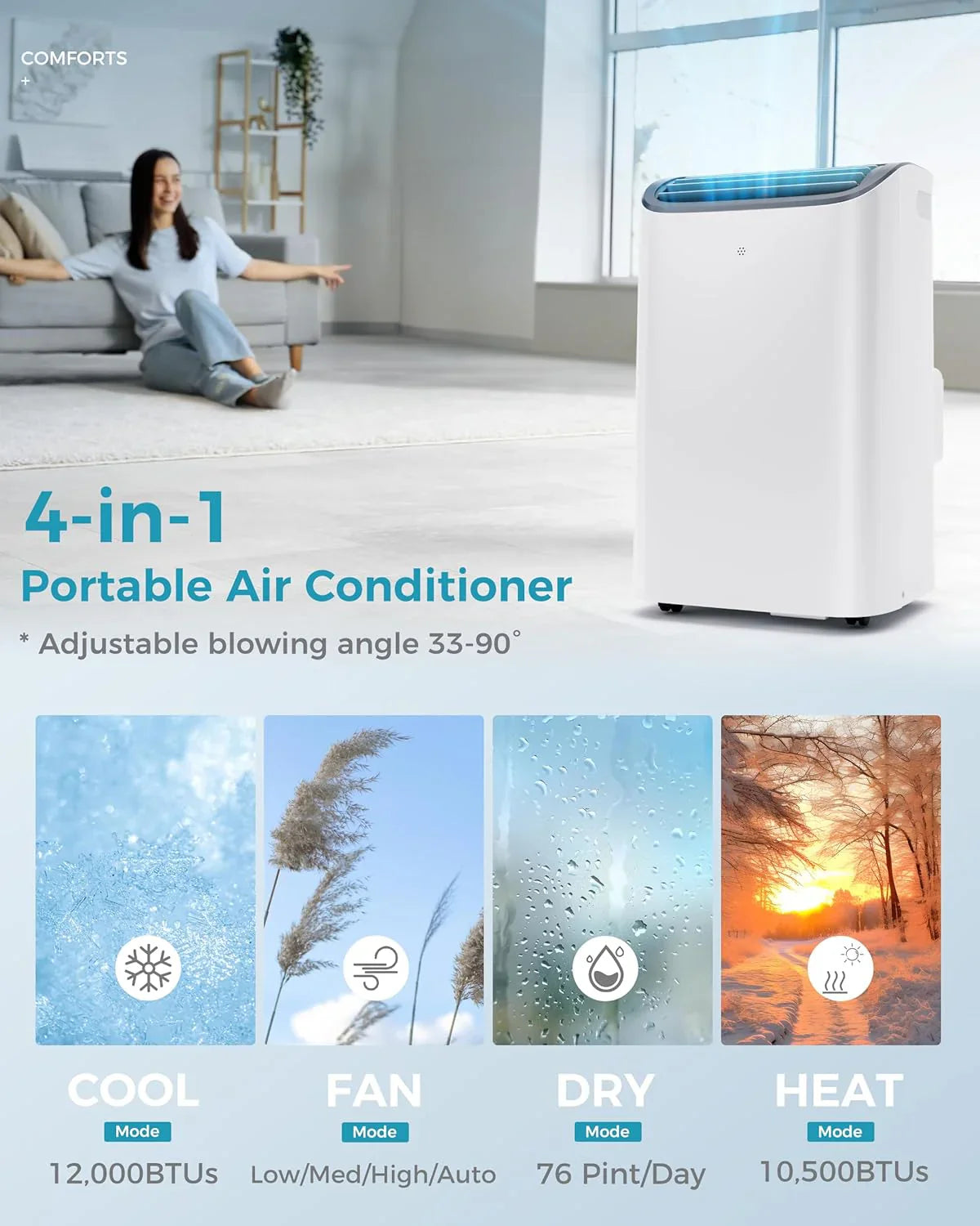 Climatiseur portatif EUHOMY 8 000 BTU, 4 en 1, couvre jusqu'à 350 pi², 4 modes, silencieux, avec télécommande, refroidissement, ventilateur, déshumidificateur