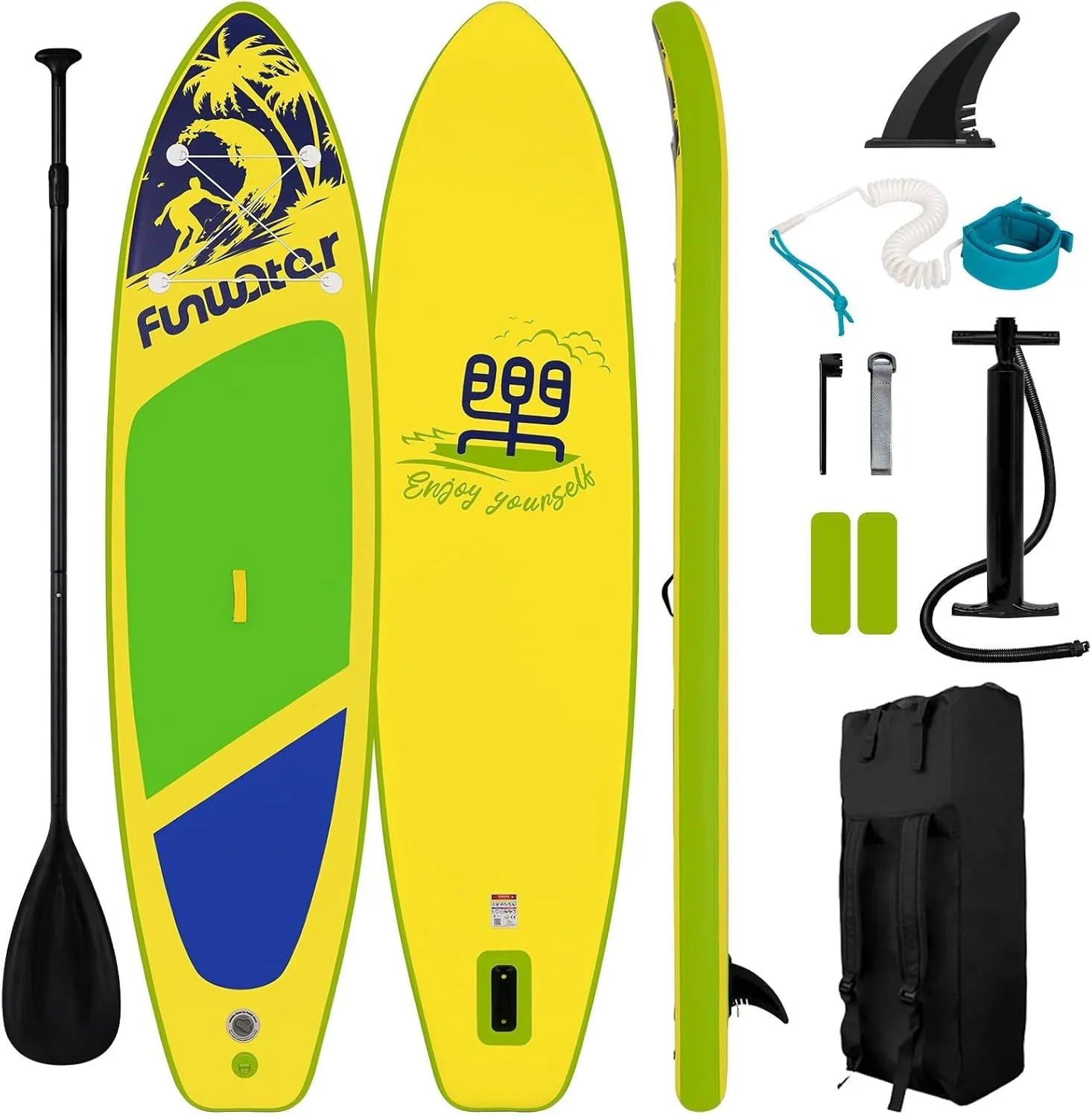 Planche de stand up paddle gonflable FunWater avec accessoires de pagaie SUP haut de gamme, pont EVA antidérapant, pagaie 11'/10'6'