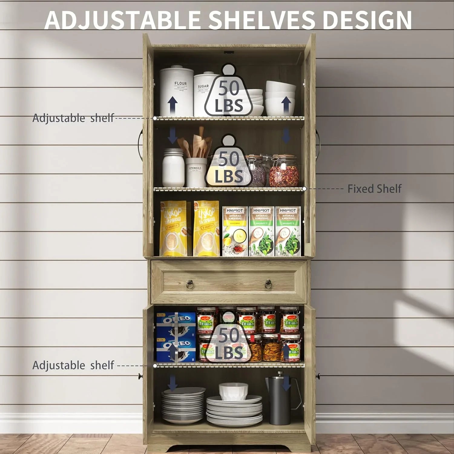 Armoire de garde-manger de 180 cm de haut avec portes vitrées