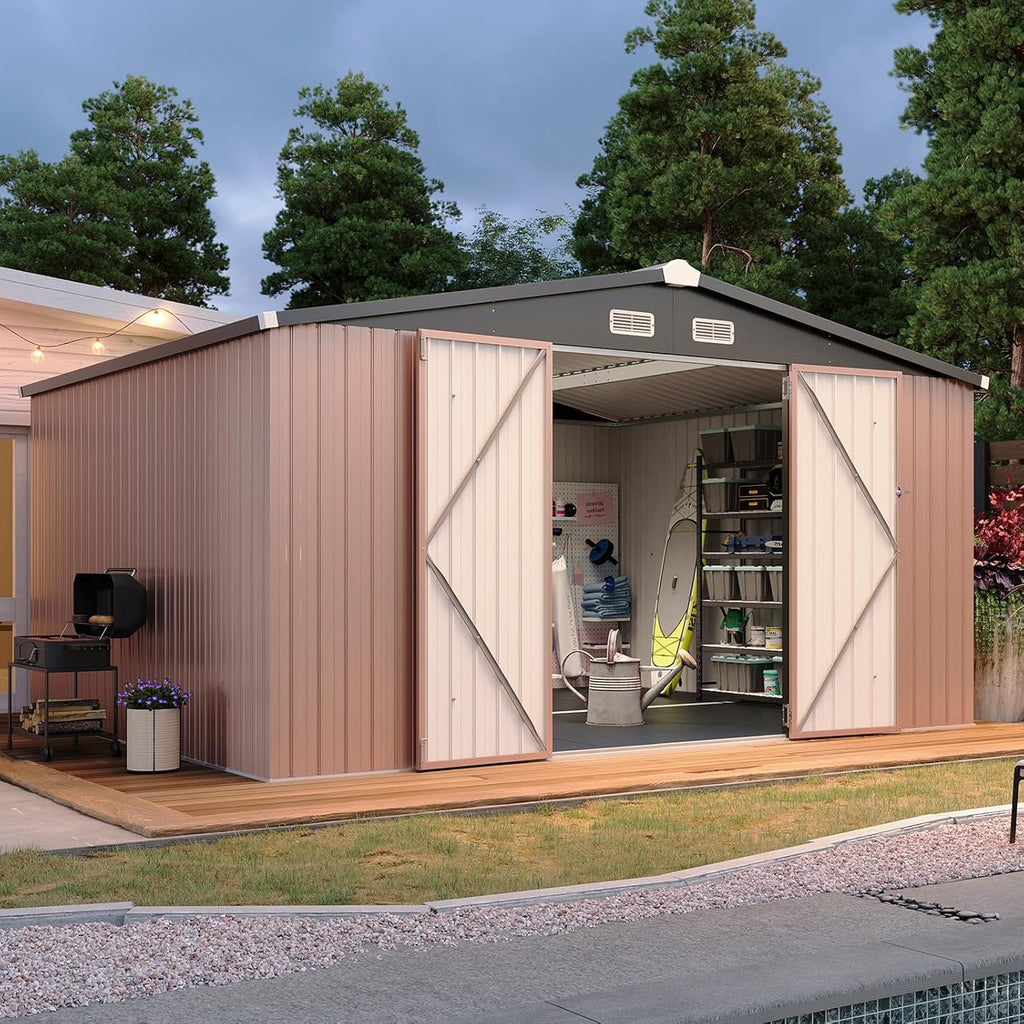 Abri de jardin Aoxun 7,4 x 5,3 pi, plancher en acier galvanisé, abri de jardin en métal, portes doubles