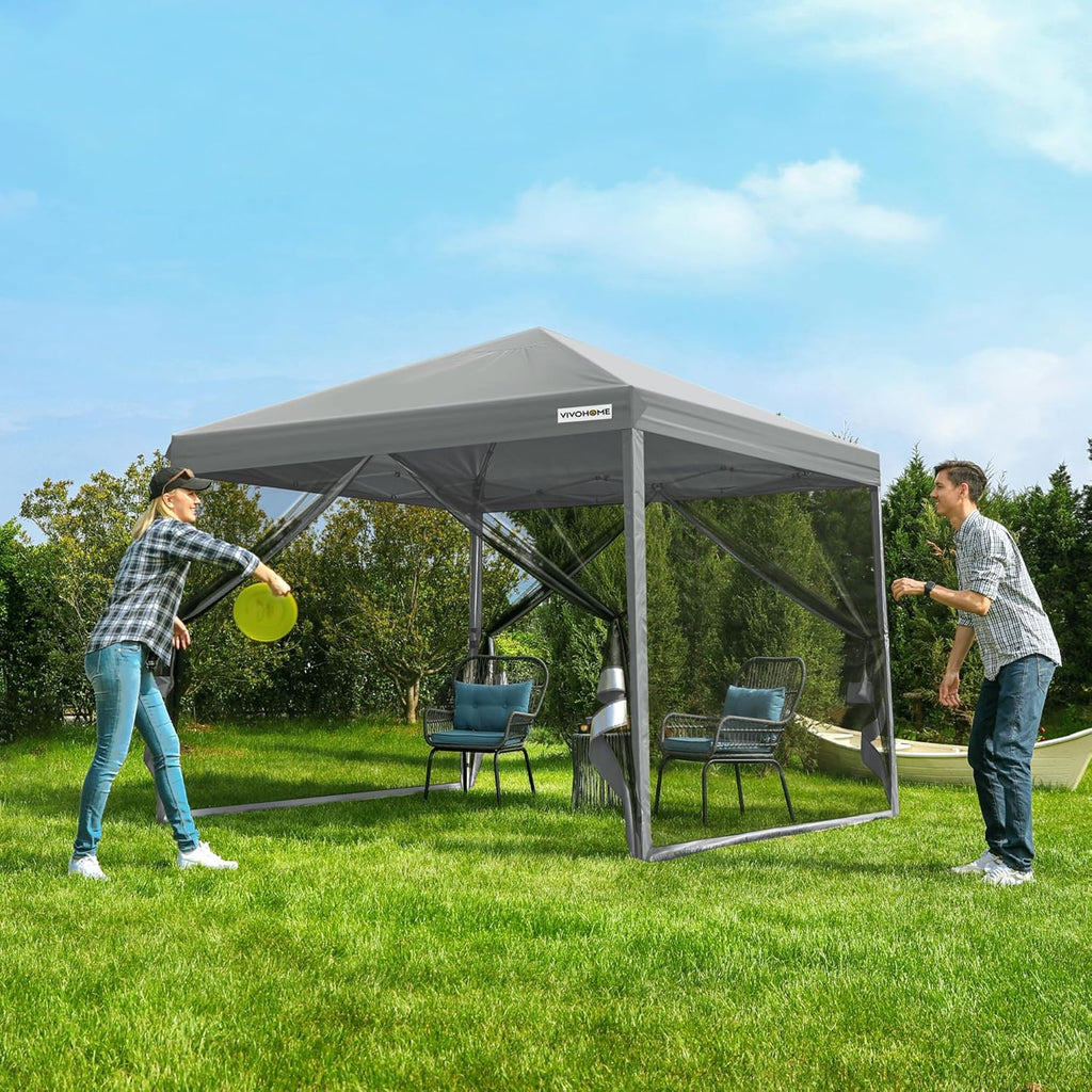 Auvent escamotable facile à monter de 10 x 10 pieds, tente moustiquaire d'extérieur avec moustiquaire, 2 portes à glissière et sac à roulettes