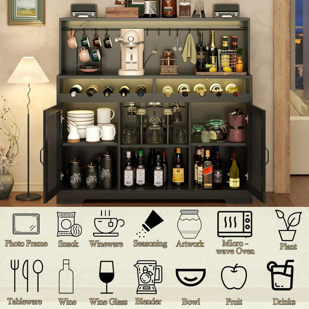 Bar à vin avec éclairage LED, meuble à liqueur avec porte-verres, bar à café pour liqueurs, buffet de rangement avec casiers à vin, armoire à vin