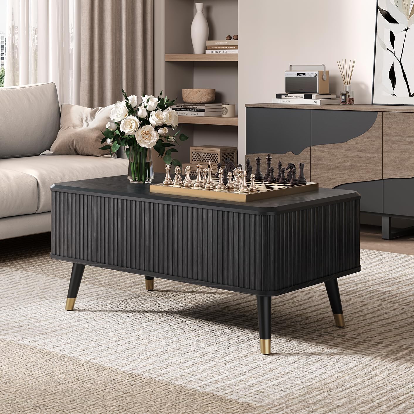 Table basse ronde avec rangement, table centrale encastrée avec portes coulissantes