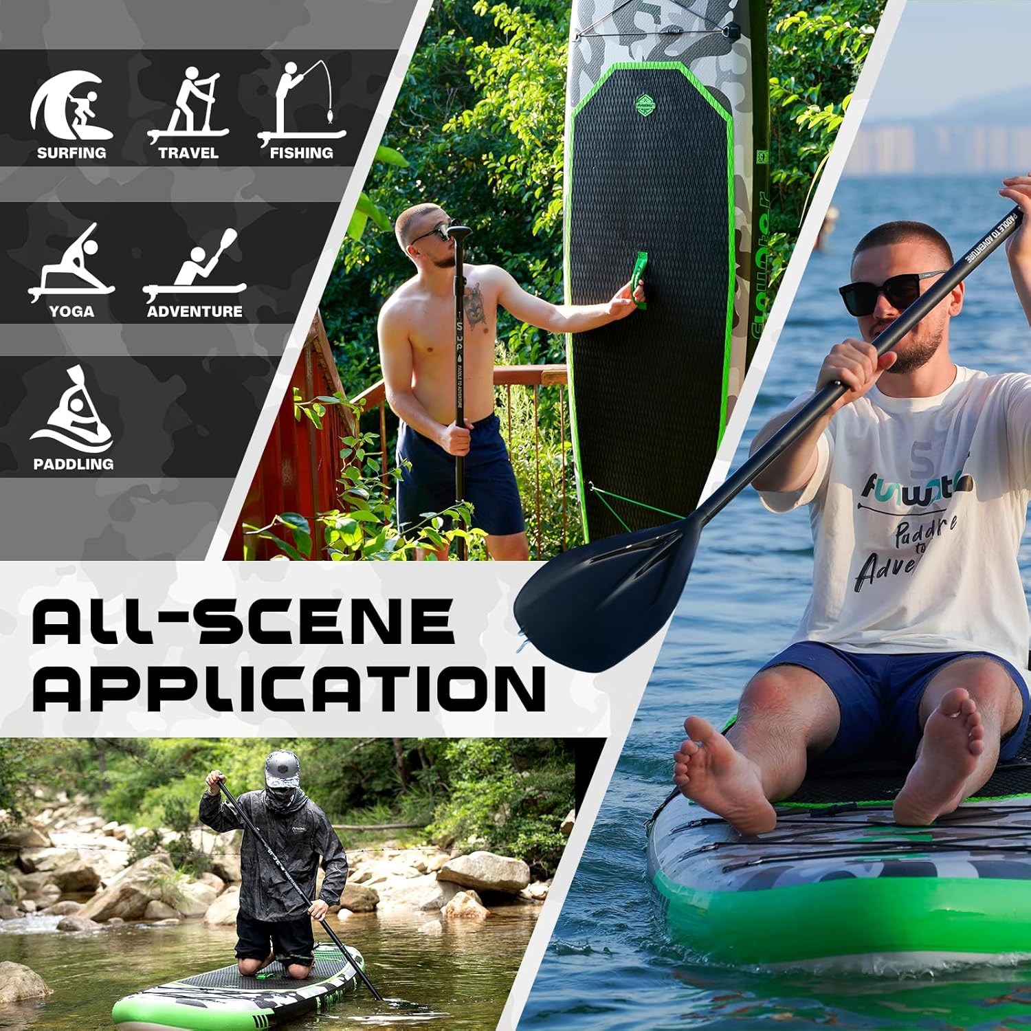 Planche de stand up paddle gonflable FunWater avec accessoires de pagaie SUP haut de gamme, pont EVA antidérapant, pagaie 11'/10'6'