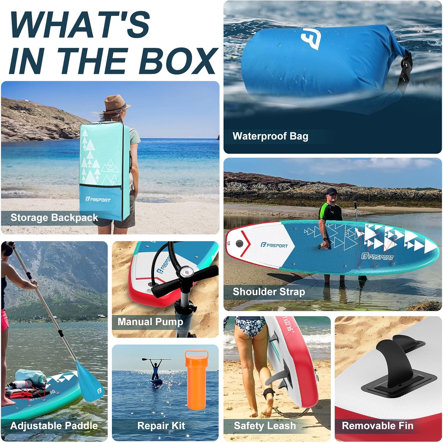 Planche de stand up paddle FBSPORT Premium 11', planche de yoga, contrôle du surf, pont antidérapant, attache, pagaie et pompe