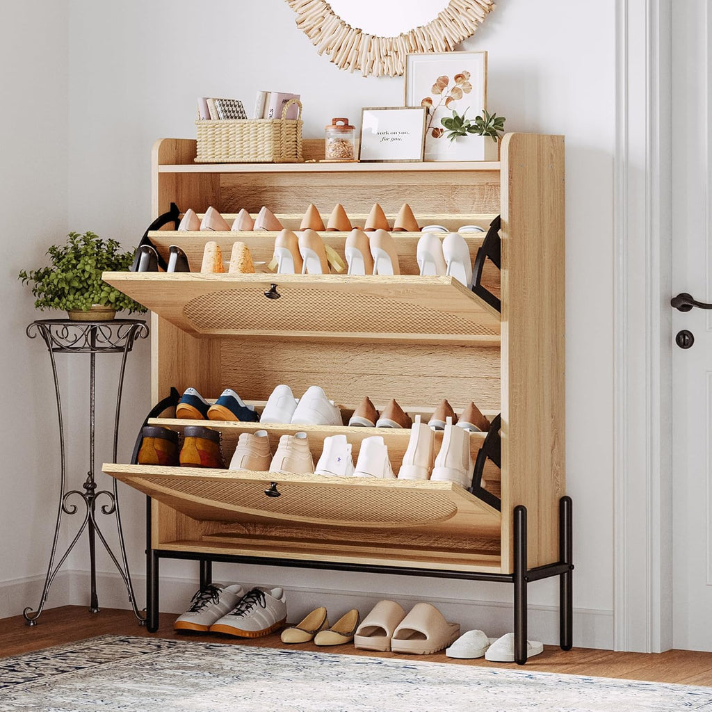 Meuble à chaussures IRONCK avec 2 tiroirs rabattables, meuble de rangement à chaussures indépendant en bois