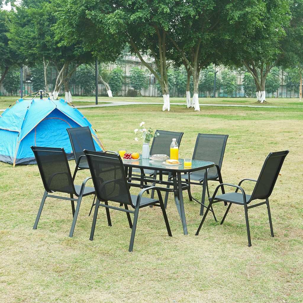 Ensemble de meubles de jardin 7 pièces casa.pro avec table à manger et 6 chaises Ensemble de meubles pour terrasse extérieure Patio Balcon Acier Verre trempé Textilène PVC Polyester