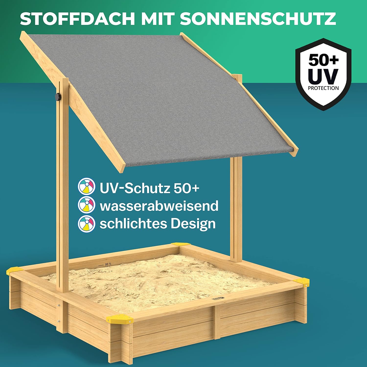 Bac à sable en bois 120 x 120 cm Tapis de sol Toit réglable Protection UV 50+