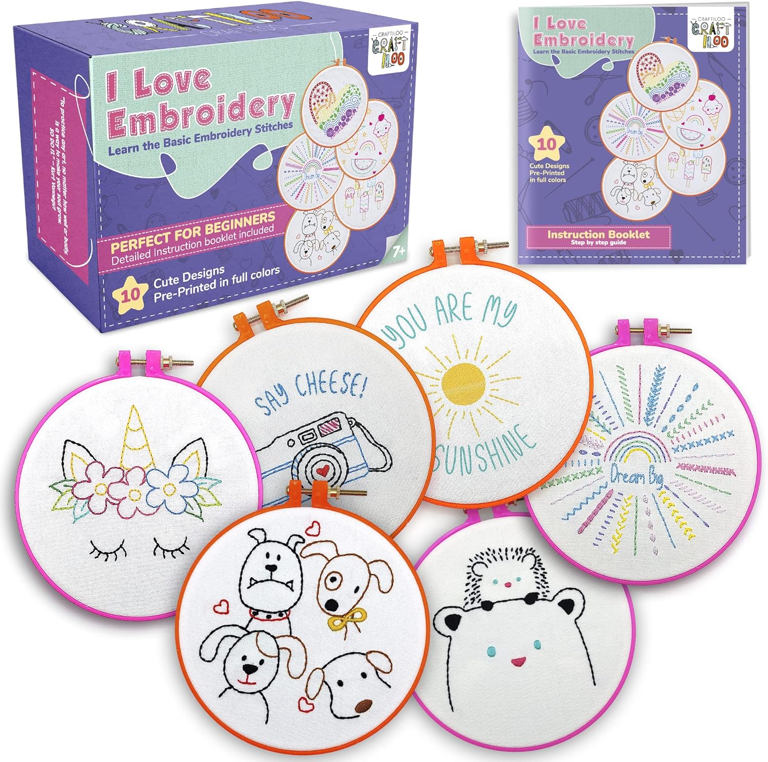 10 modèles de broderie pré-imprimés, kits de broderie pour enfants, kits de points d'aiguille pour débutants