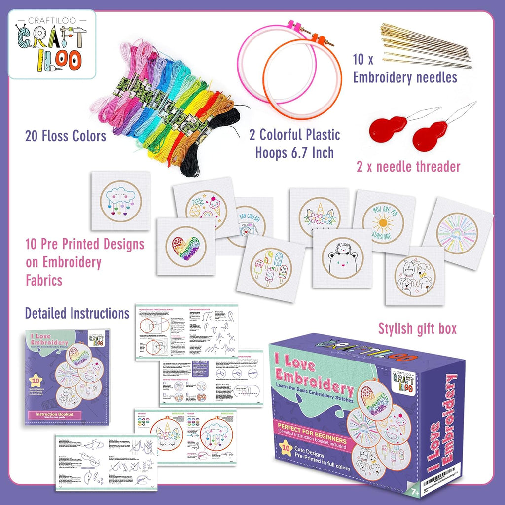 10 modèles de broderie pré-imprimés, kits de broderie pour enfants, kits de points d'aiguille pour débutants