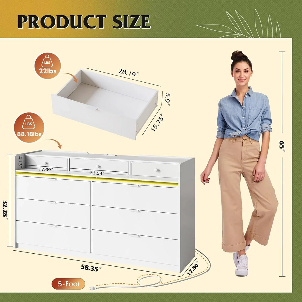 Commode LED à 9 tiroirs pour chambre à coucher, 148 cm de large, organiseur de rangement en bois avec prise électrique