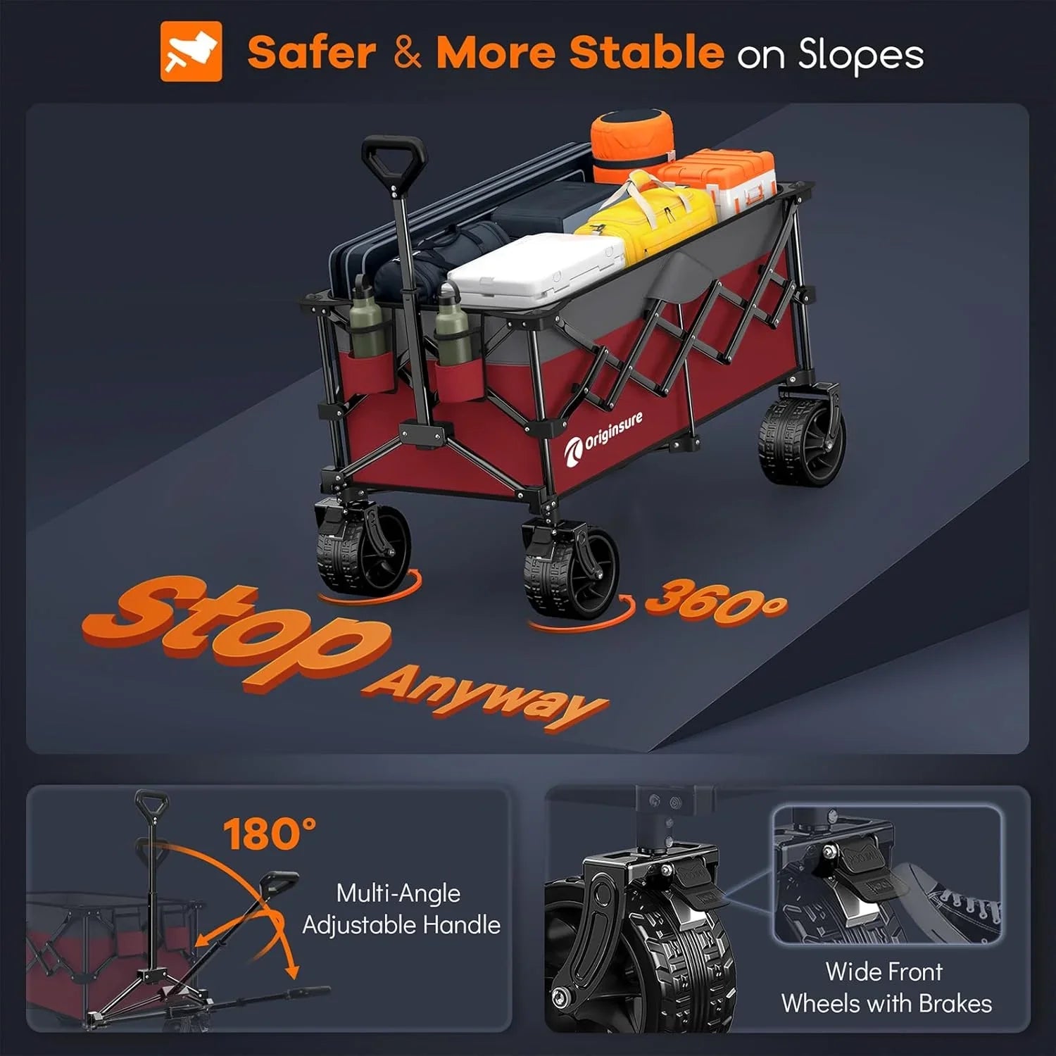 Poussette pliable à quatre roues de 96 cm de long, pliable, capacité de 200 kg, poussette de plage pliable robuste de 220 litres avec de grands pneus tout-terrain