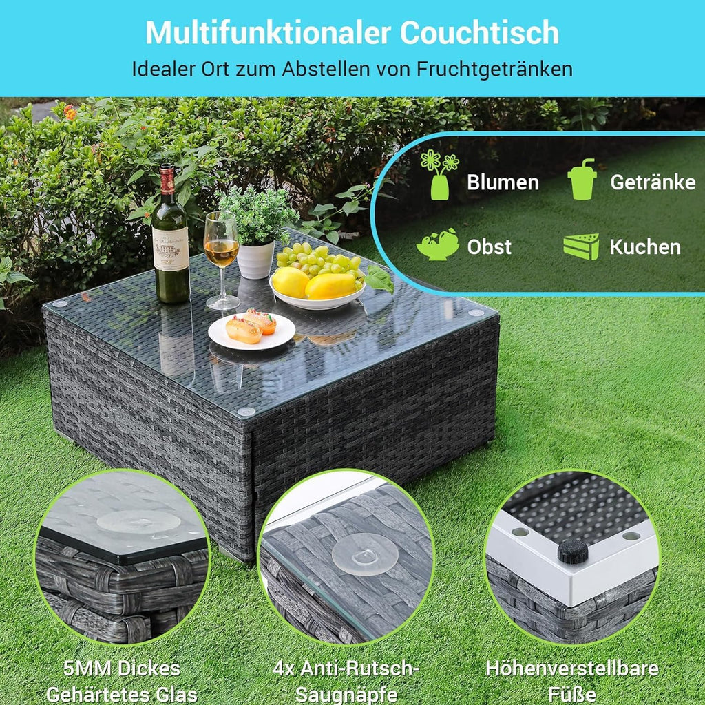 Ensemble de 6 meubles de jardin en rotin synthétique, canapés modulables pour 7 personnes, salon de jardin résistant aux intempéries avec 2 canapés d'angle, 2 fauteuils, 1 table basse avec plateau en verre