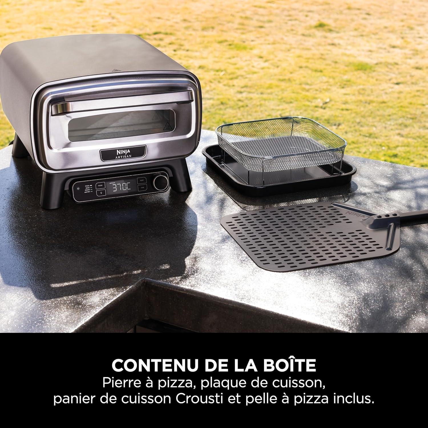 Ninja Artisan Four à pizza et friteuse sans huile électrique d’extérieur, avec 4 modes : Pizza, Frire sans huile, Cuire au four, Faire lever, Avec pierre, pelle, plateau, panier Crousti, Gris MO201EU