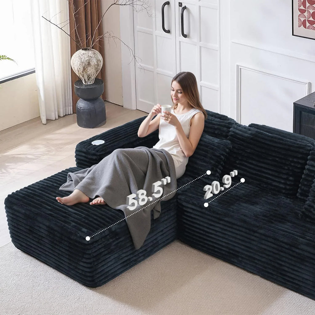 Cloud section sofa with L-shaped recliner, modern modular sofa, built-in cup holder