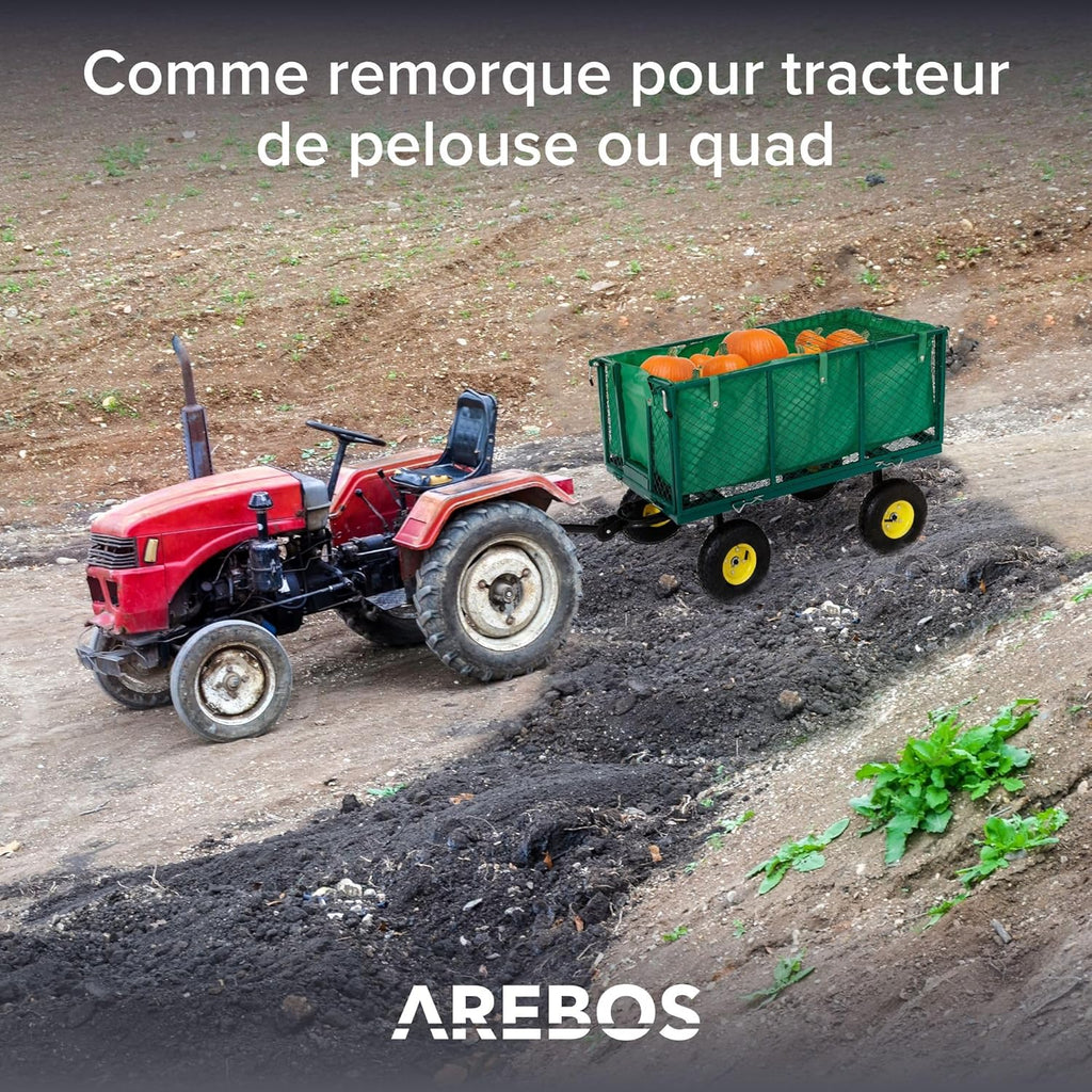 Chariot de jardin Arebos avec pneus profilés Charge max 550 kg Pliable vert Poignée et timon amovibles