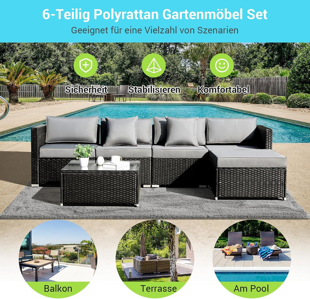 Ensemble de 6 meubles de jardin en rotin synthétique, canapés modulables pour 7 personnes, salon de jardin résistant aux intempéries avec 2 canapés d'angle, 2 fauteuils, 1 table basse avec plateau en verre