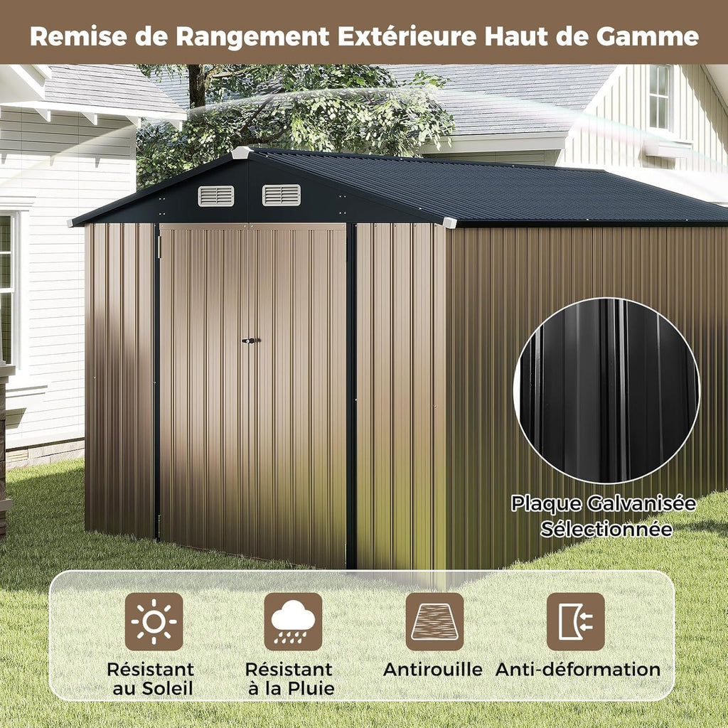 Abri de jardin en métal Costway, 7,8 m², toit à double pente, porte double verrouillable avec clé, 4 aérations, abri de jardin extérieur pour vélo, poubelle, outils, anthracite (7,8 m²)