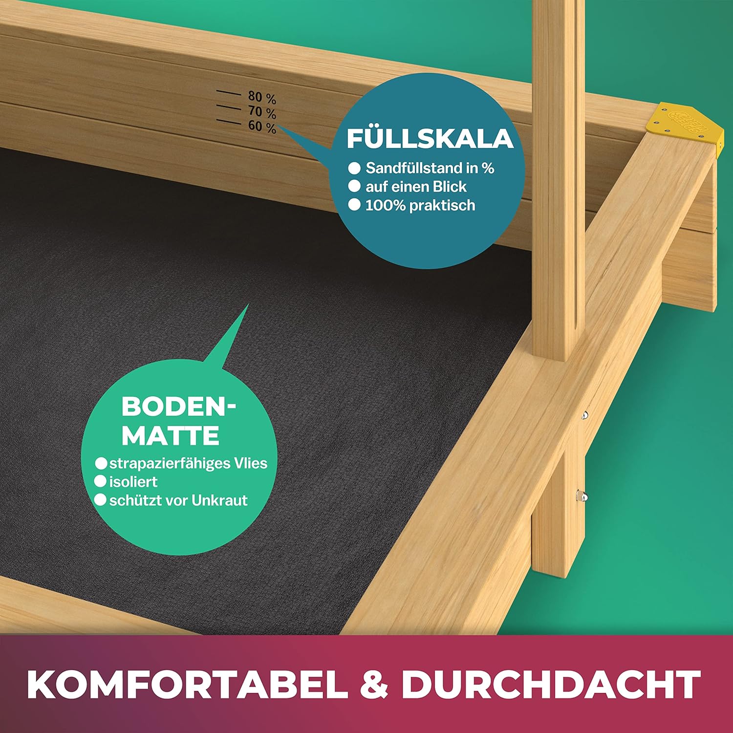 Bac à sable en bois 120 x 120 cm Tapis de sol Toit réglable Protection UV 50+