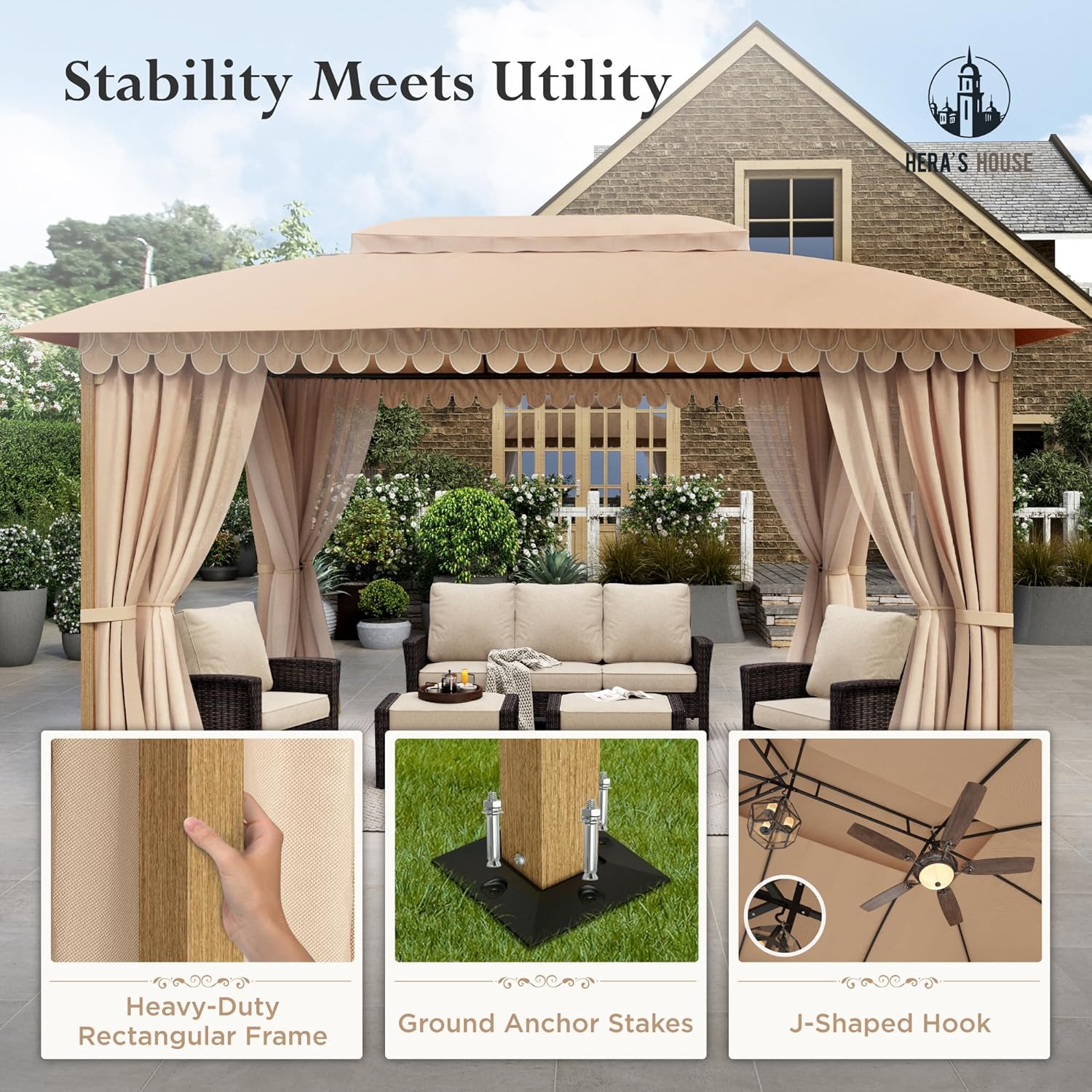 Gazebo 10 x 13, gazebo extérieur abrité, tente à auvent en métal robuste avec double toit et moustiquaire