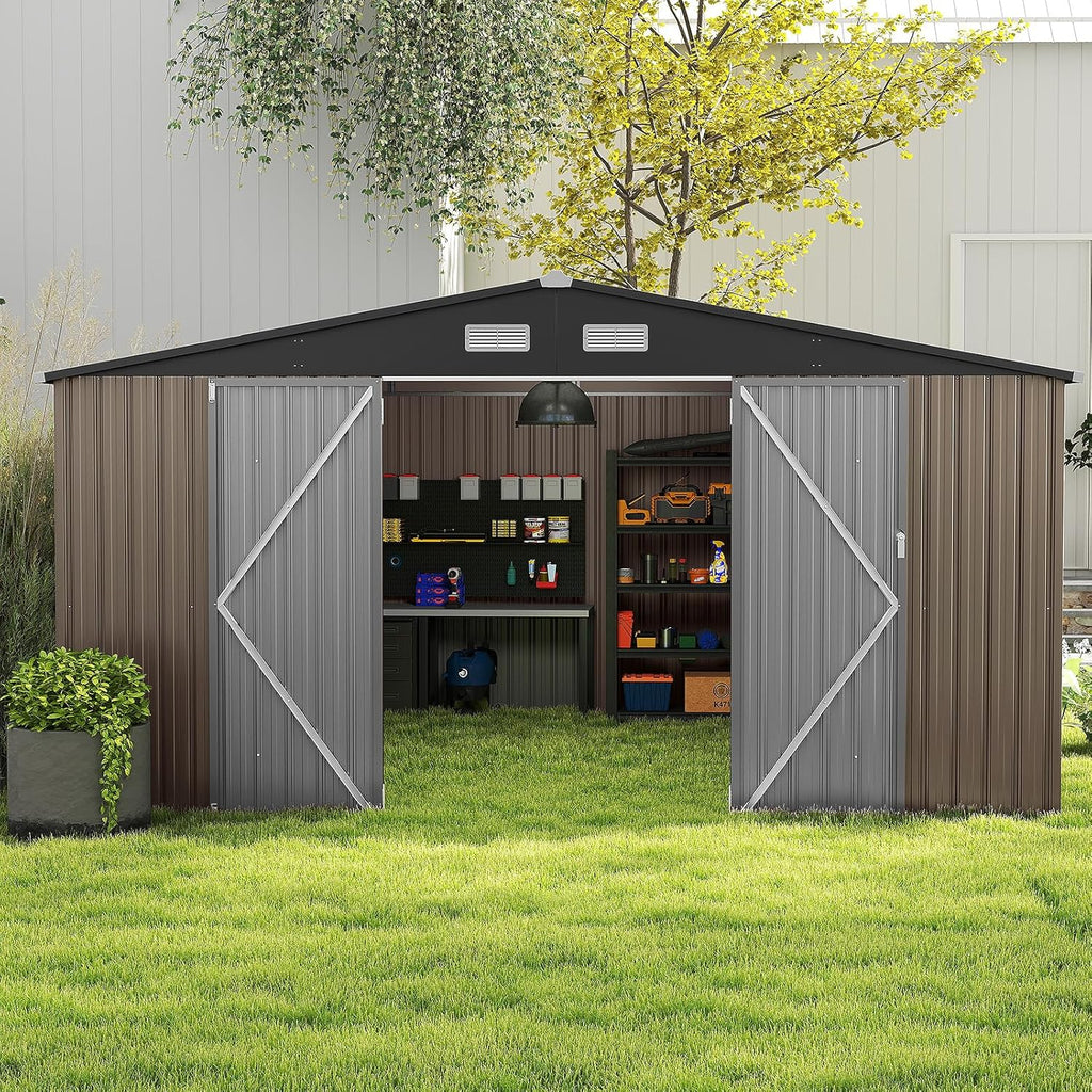 Abri de jardin en métal Costway, 7,8 m², toit à double pente, porte double verrouillable avec clé, 4 aérations, abri de jardin extérieur pour vélo, poubelle, outils, anthracite (7,8 m²)