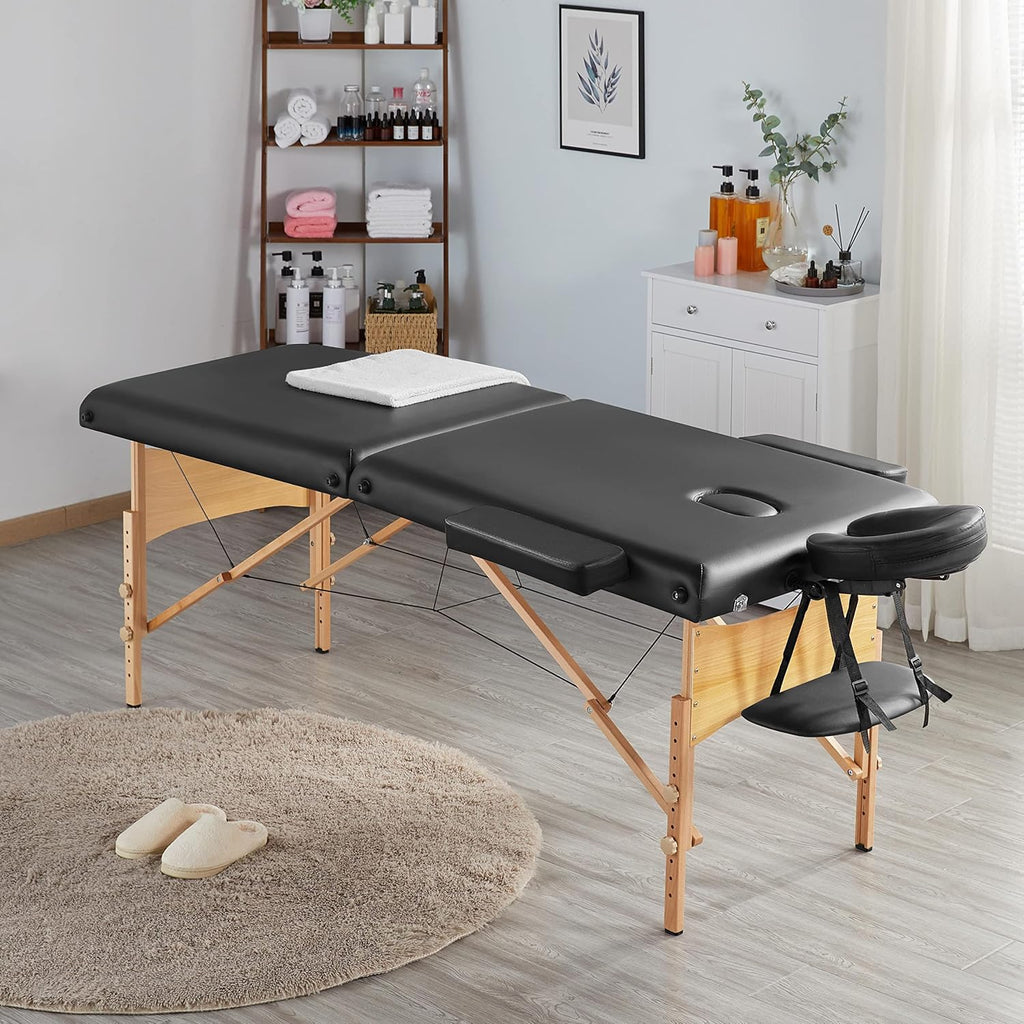 Yaheetech opklapbare massagetafel 70 cm, professioneel massagebed in 2 delen, massief houten tafelbank, cosmetische therapie, zwart 