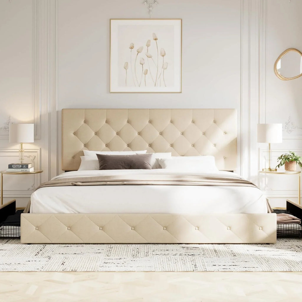 Cadre de lit plateforme Allewie rembourré Queen Size avec 4 tiroirs de rangement et tête de lit, capitonné à boutons à coutures carrées, sommier à lattes en bois, pas besoin de sommier.