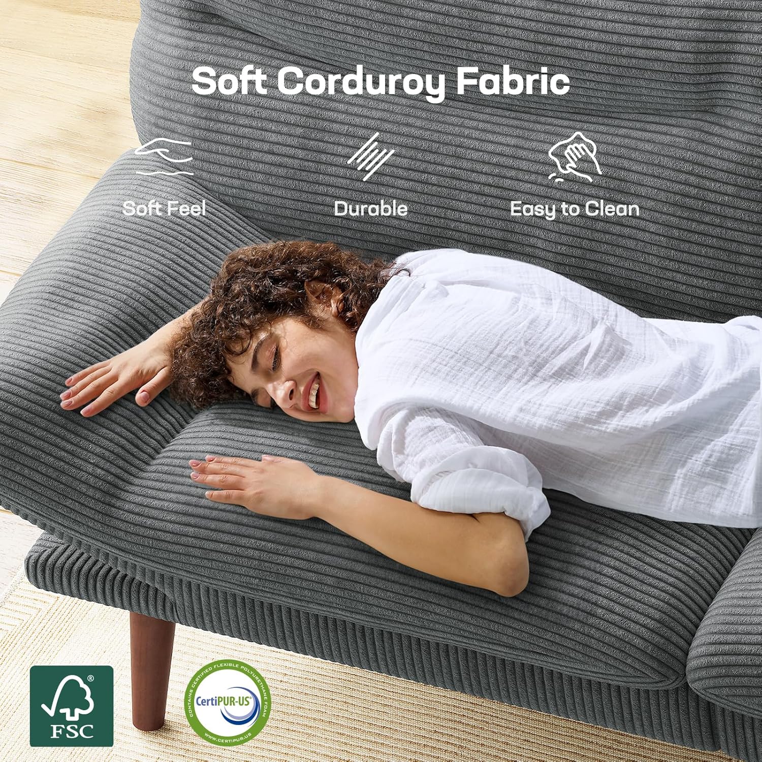 Canapé-lit futon, canapé futon avec dossier et accoudoirs réglables, convertible en petit canapé-lit causeuse en velours côtelé vert