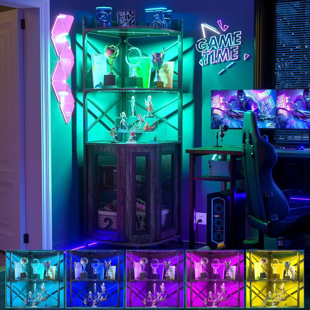 Meuble bar d'angle avec prise de courant, armoire à vin de style industriel avec bande lumineuse LED et support à verres, meuble bar à vin à cinq niveaux pour la maison, vitrine d'angle pour petit espace
