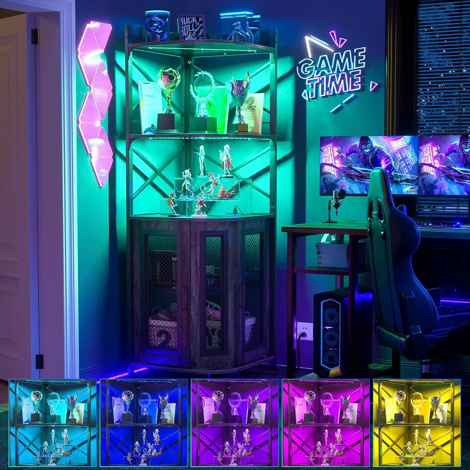 Meuble bar d'angle avec prise de courant, armoire à vin de style industriel avec bande lumineuse LED et support à verres, meuble bar à vin à cinq niveaux pour la maison, vitrine d'angle pour petit espace