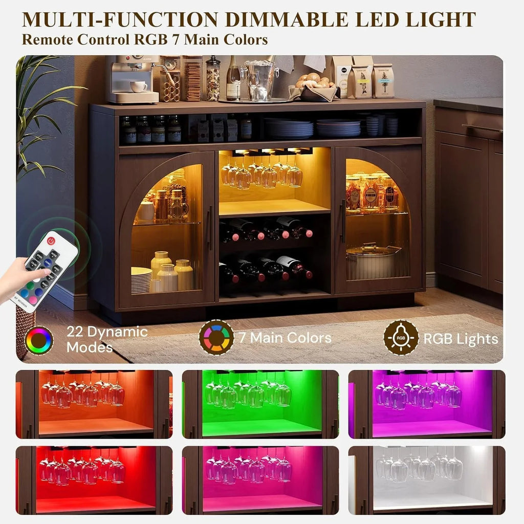 Buffet, armoire de cuisine de 54 pouces avec lumières LED et portes en verre cintrées, armoire de bar haute