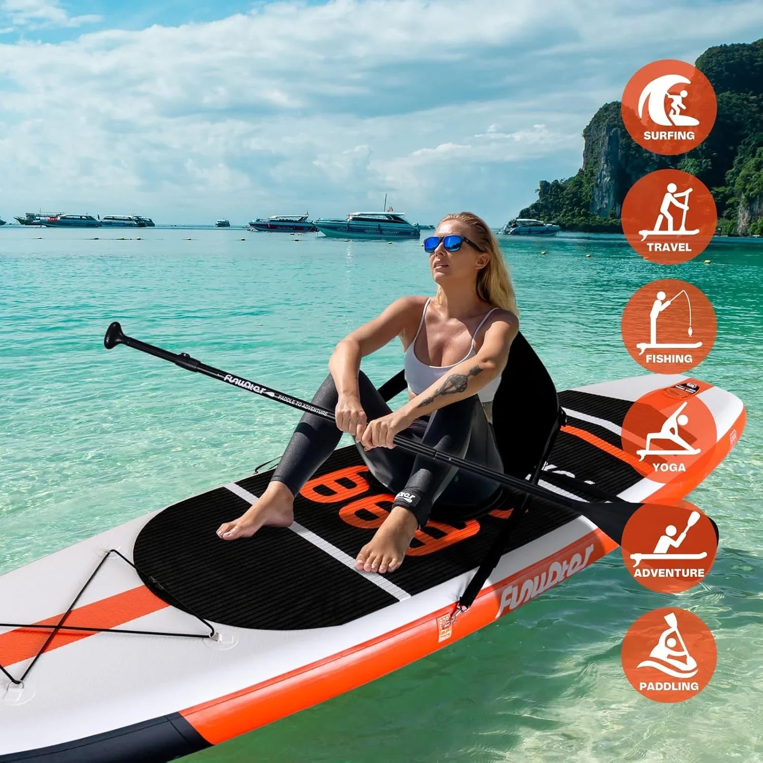 Planche de stand up paddle gonflable FunWater avec accessoires de pagaie SUP haut de gamme, pont EVA antidérapant, pagaie 11'/10'6'