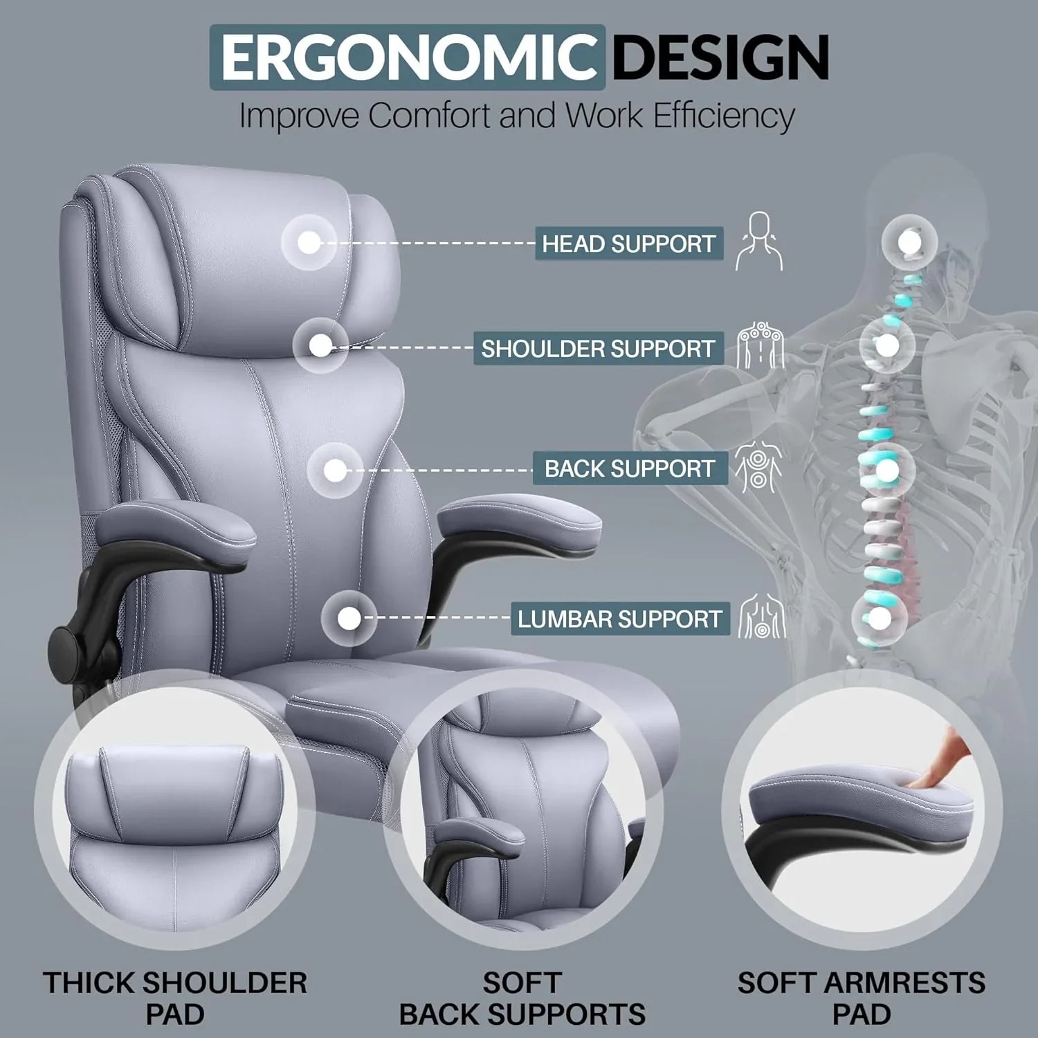 Chaise de bureau pivotante à pieds hauts, en cuir respirant, avec support lombaire