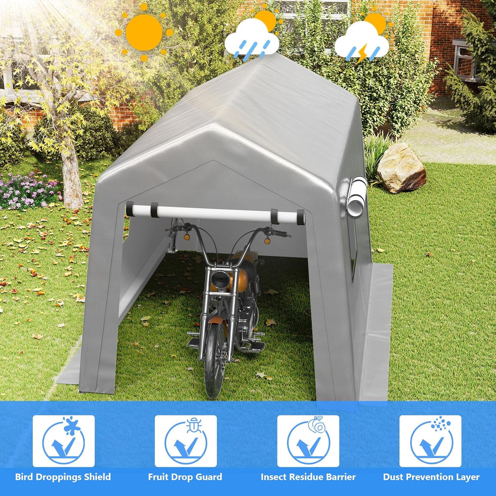 Abri d'auto robuste de 6 x 8 pieds, garage portable avec parois latérales amovibles et porte, bâche quatre saisons