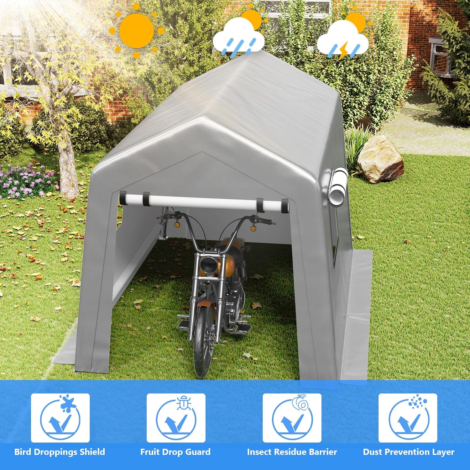 Abri d'auto robuste de 6 x 8 pieds, garage portable avec parois latérales amovibles et porte, bâche quatre saisons