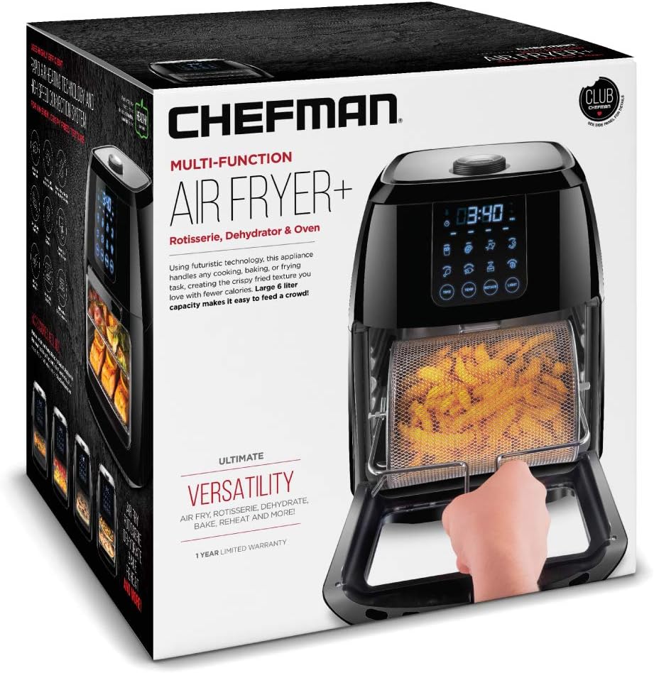 Chefman compacte digitale heteluchtfriteuse van 6,3 liter met draaispit, dehydrator en heteluchtoven, 8 aanraakgevoelige voorinstellingen. 