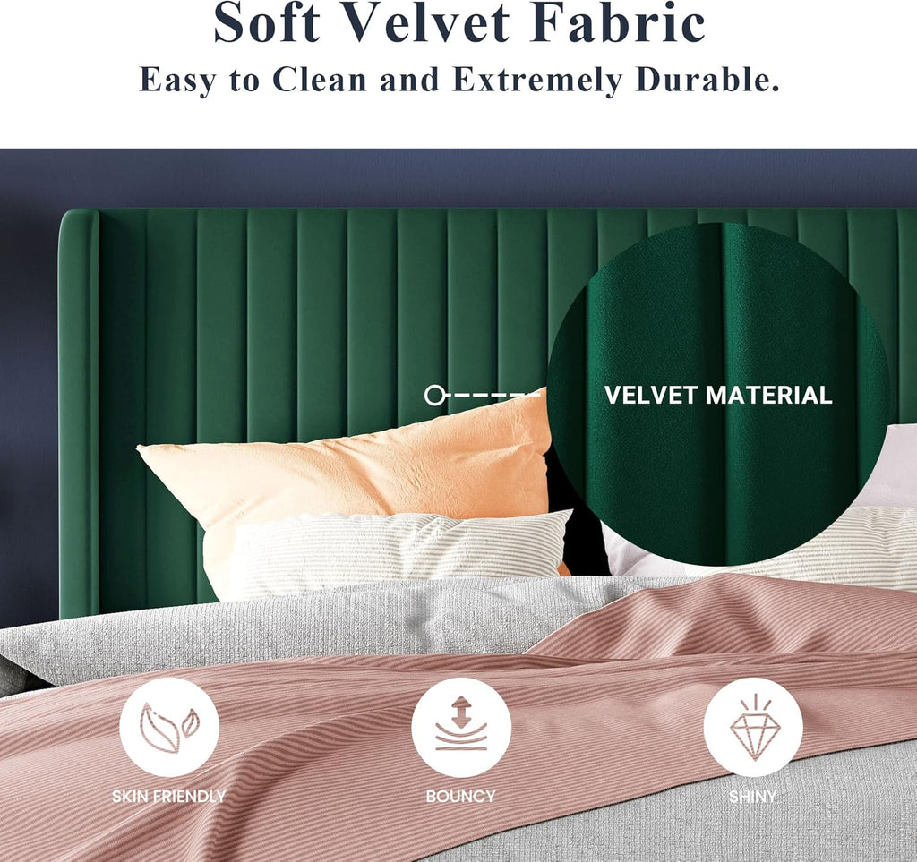 Cadre de lit Allewie en velours pleine grandeur/tête de lit capitonnée à oreilles verticales/lit plateforme rembourré/lattes en bois robustes