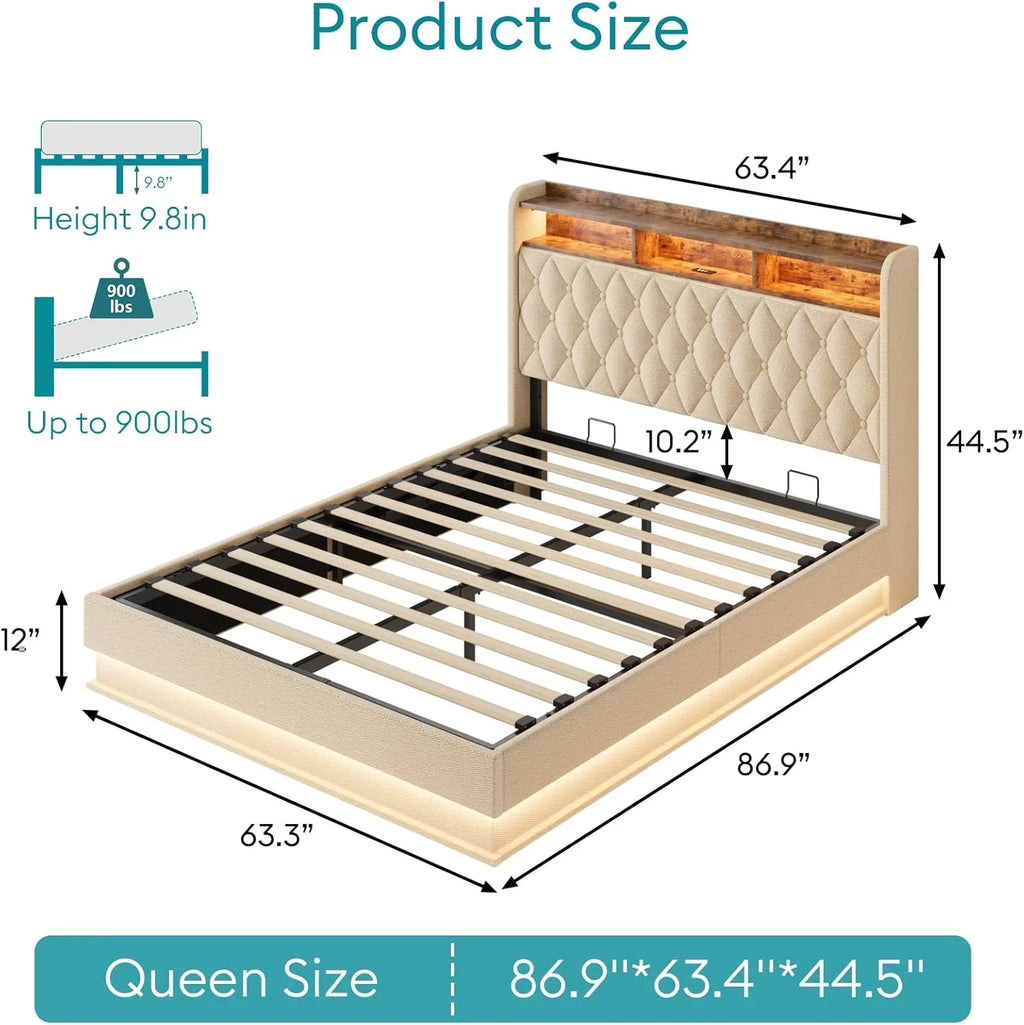 Cadre de lit Queen size avec rangement, hydraulique, sans sommier, lattes en bois