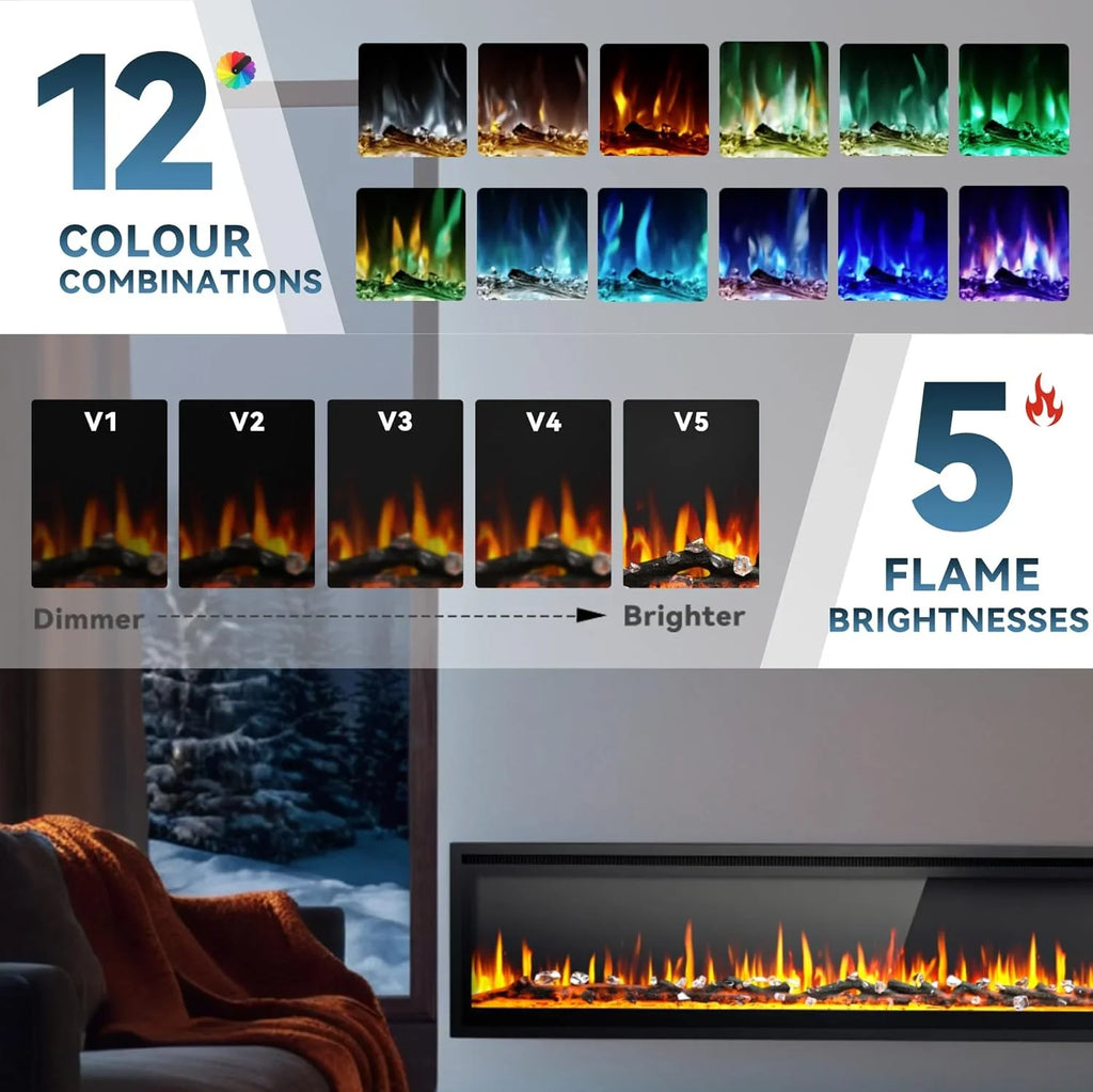EUHOMY Cheminée électrique encastrée et murale de 50 pouces avec couleur de flamme réglable, chauffage de cheminée avec télécommande, cheminée linéaire avec minuterie, écran tactile, bûche et cristal, 750/1500 W