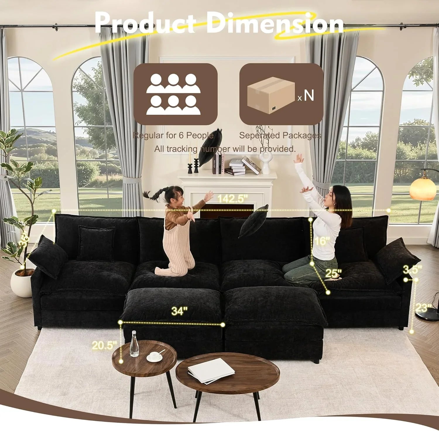 Canapé en U 108", canapé modulaire, canapé nuage trois places confortable