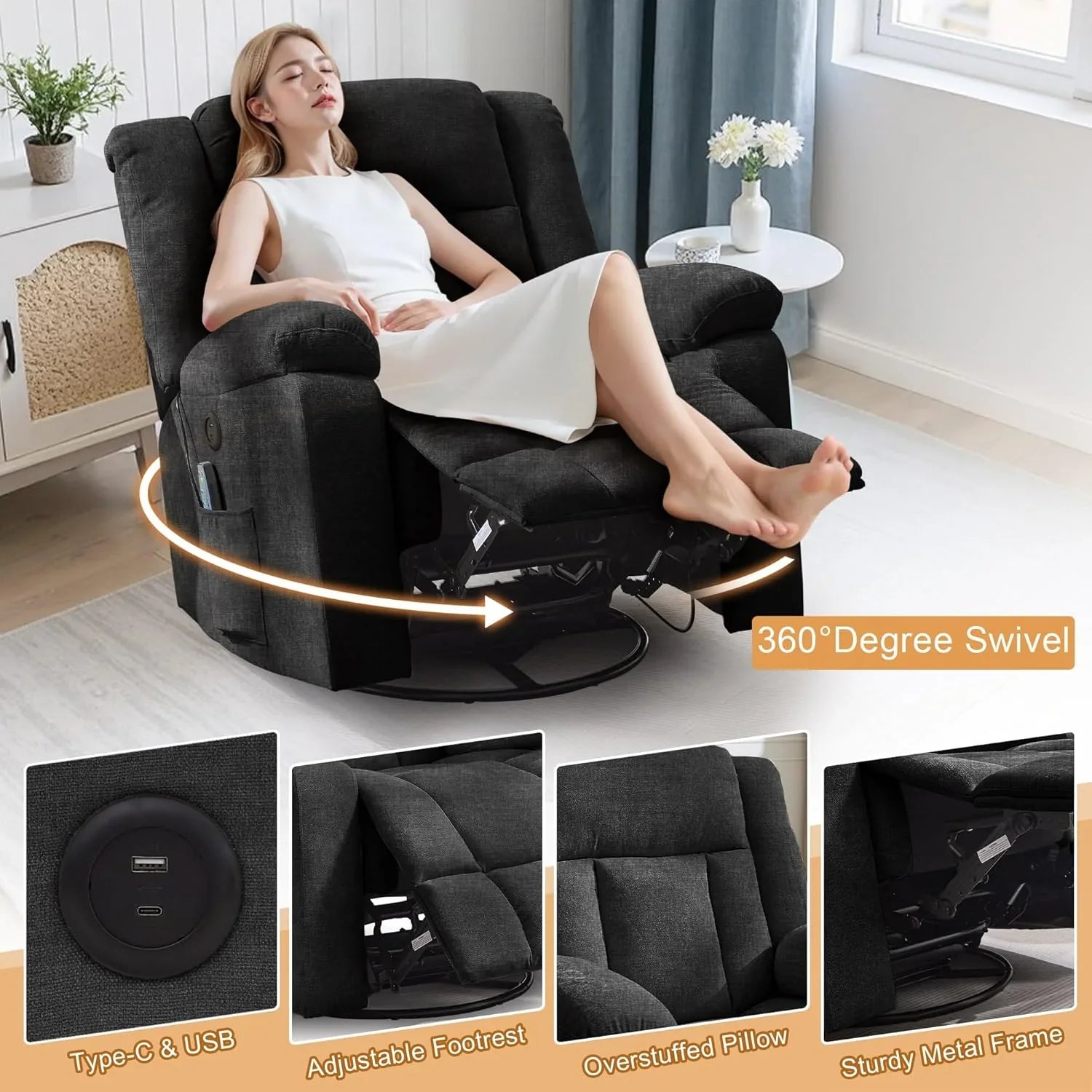Fauteuil à bascule pour adulte, fauteuil inclinable coulissant, fauteuil à bascule rotatif à 360° avec fonction massage et chauffage