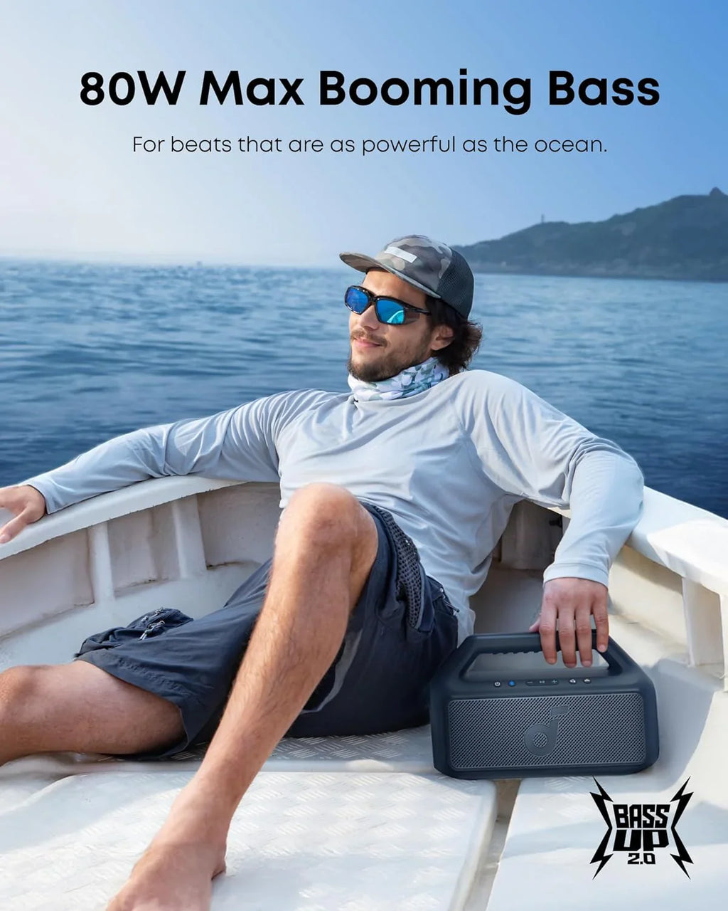 Enceinte d'extérieur, 80 W, caisson de basses, BassUp 2.0, autonomie de 24 heures, étanchéité IPX7, flotte, lumières RVB, USB-C