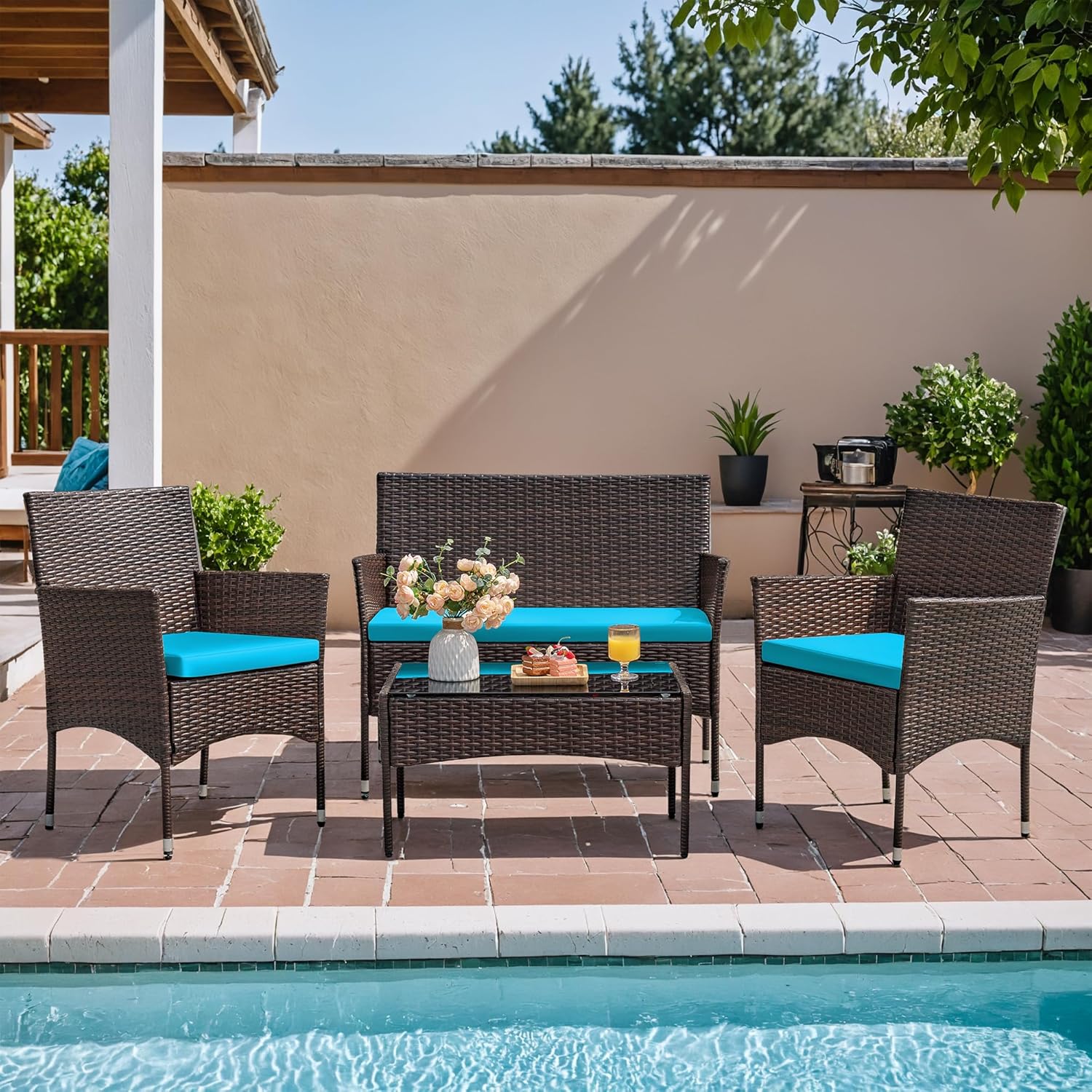 Ensemble de meubles de patio extérieur 4 pièces, ensemble de chaises en rotin et osier