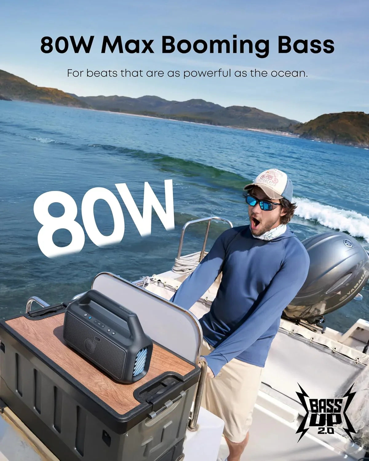 Enceinte d'extérieur, 80 W, caisson de basses, BassUp 2.0, autonomie de 24 heures, étanchéité IPX7, flotte, lumières RVB, USB-C